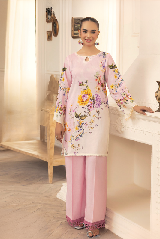 Graceful Floral Lawn Suit in Soft Pink
